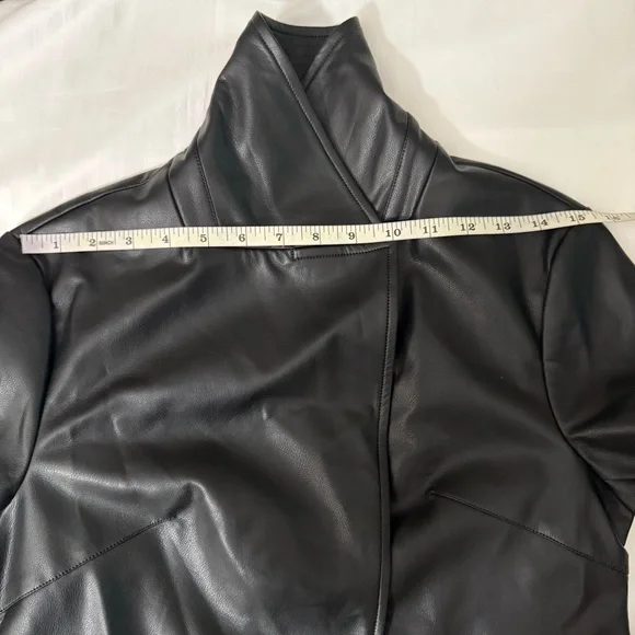 Black faux leather lapel collar belted open front trench coat - Picture 9 of 15